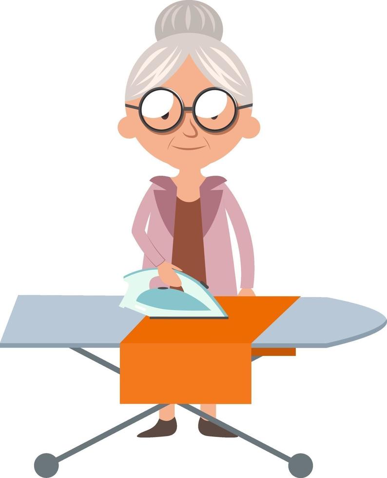 Granny ironing, illustration, vector on white background.