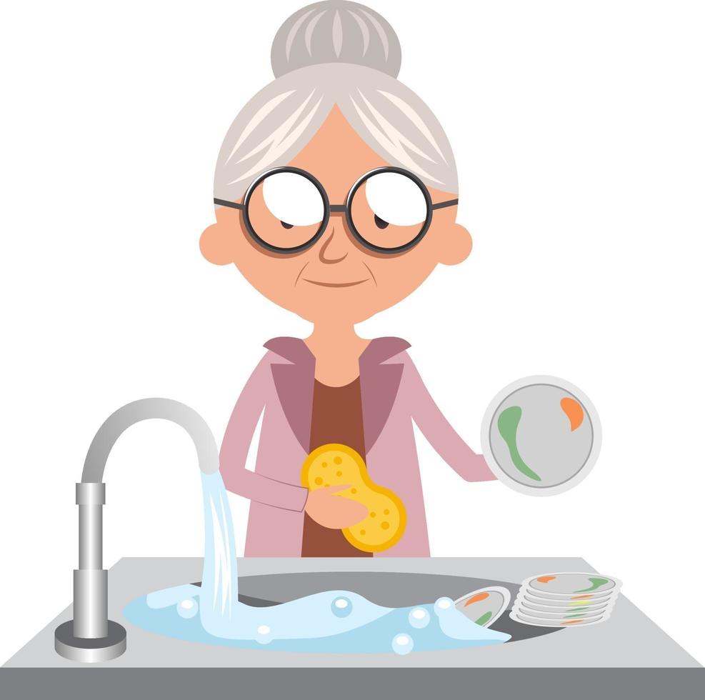 Granny cleaning dishes, illustration, vector on white background.