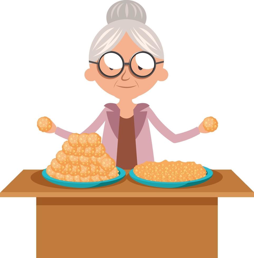 abuela con galletas, ilustración, vector sobre fondo blanco.