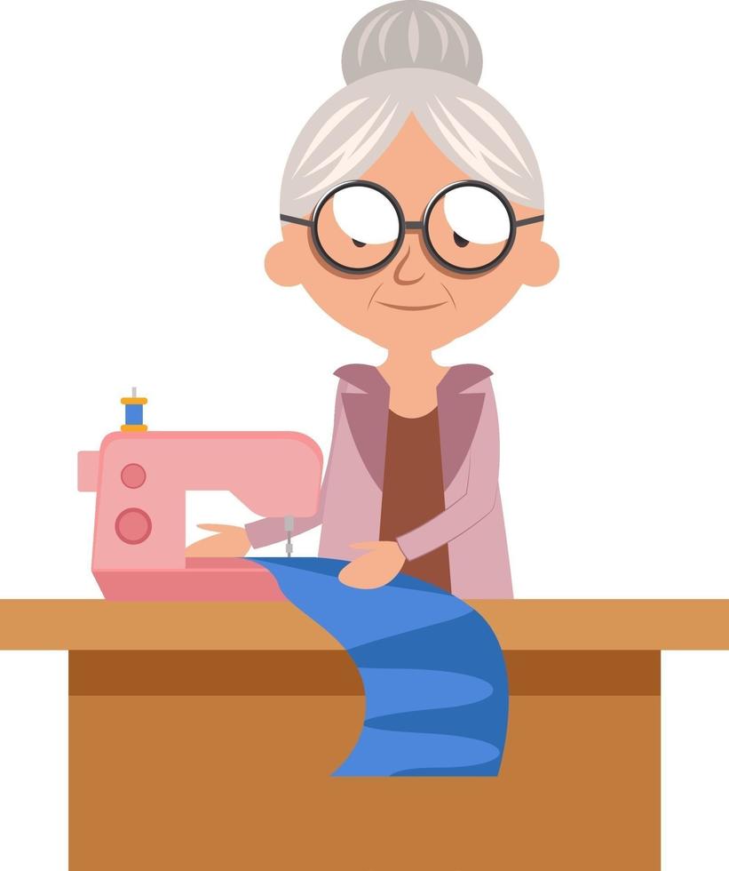 Granny sewing machine, illustration, vector on white background.