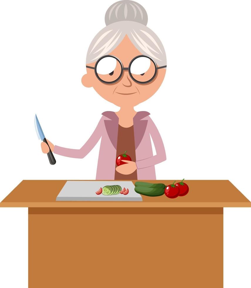 Granny cutting food, illustration, vector on white background.