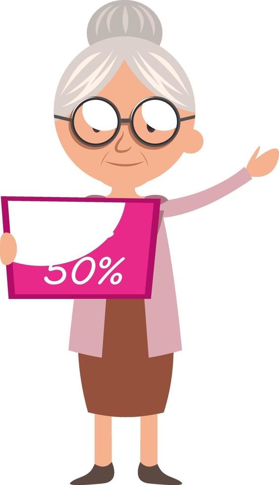 Granny with sale sign, illustration, vector on white background.