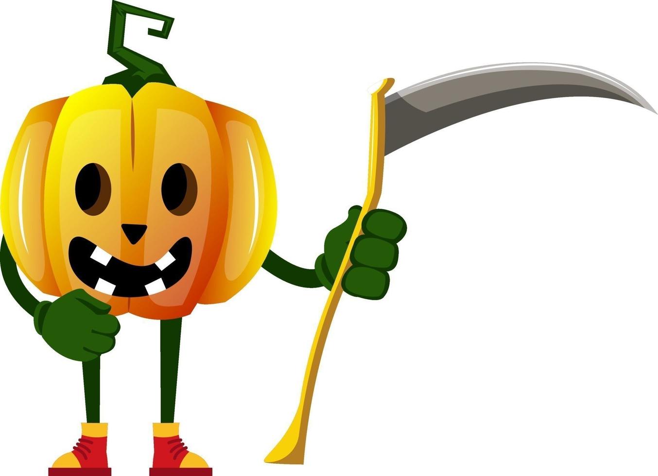 Pumpkin with sickle, illustration, vector on white background.