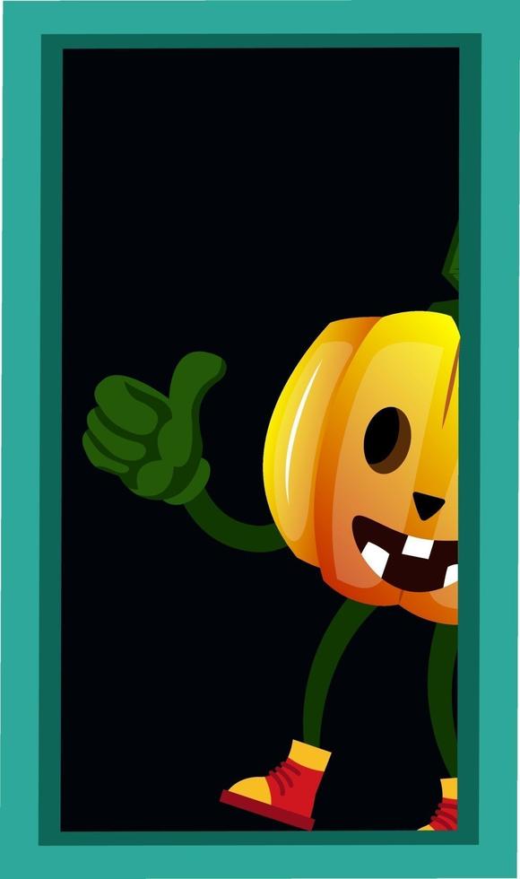 Pumpkin at the door, illustration, vector on white background.