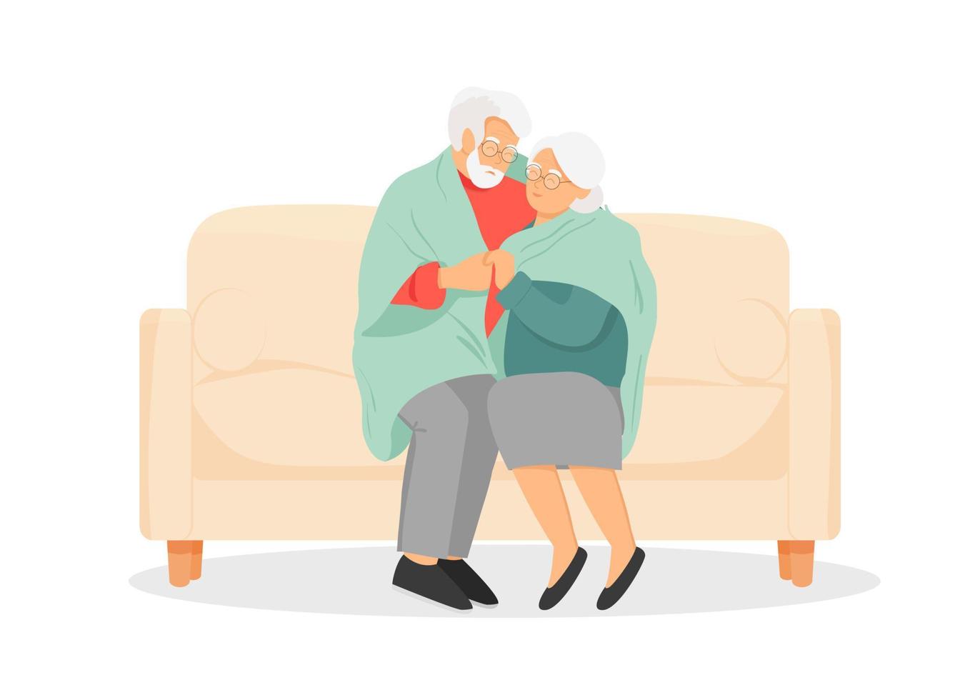 Old happy couple sitting on the sofa. Mature love. Happy grantparents day. Vector illustration