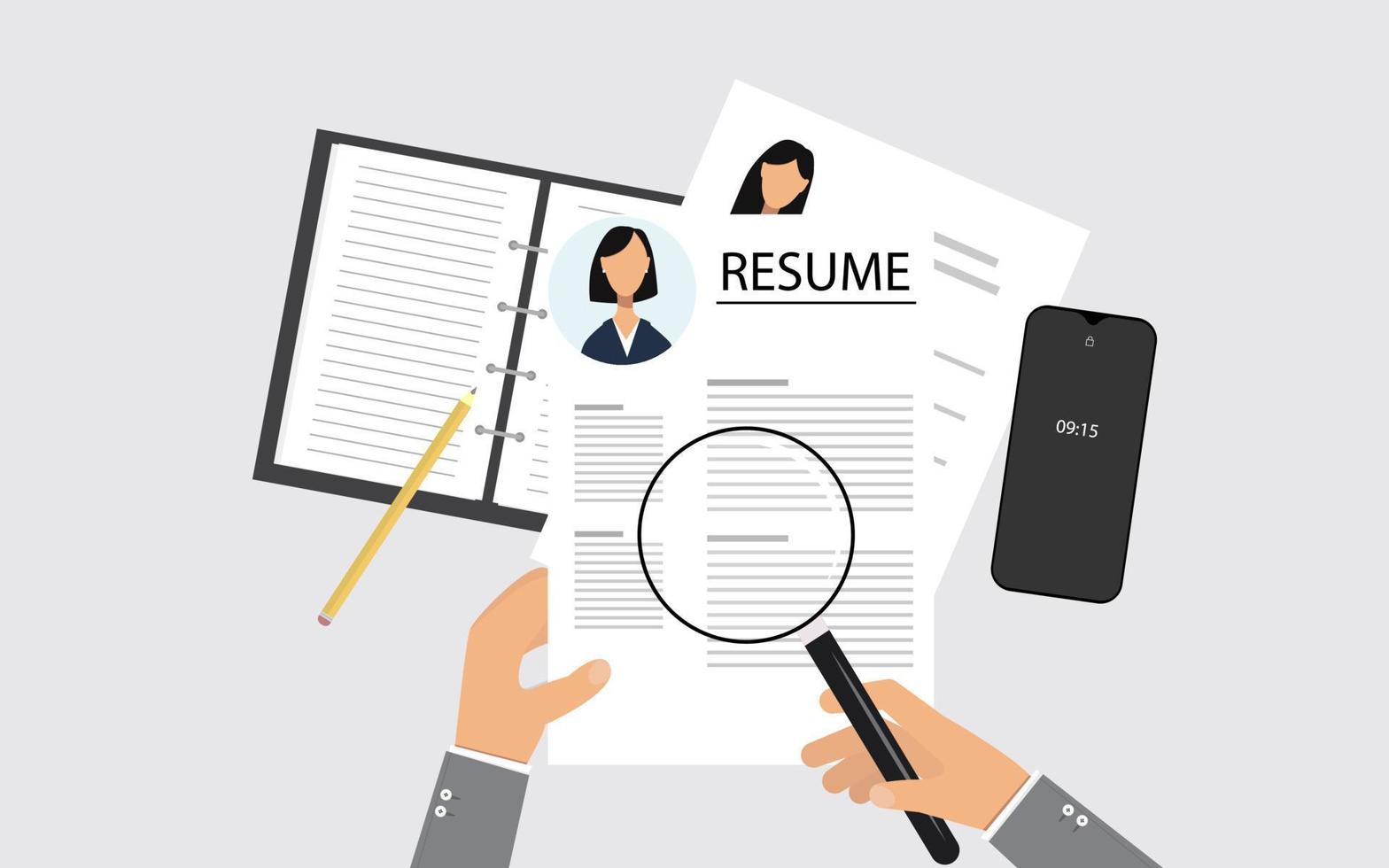 Resume in hand with magnifier. Search for professional worker, analysing of resume. Recruitment, human resource management concept. Vector illustration