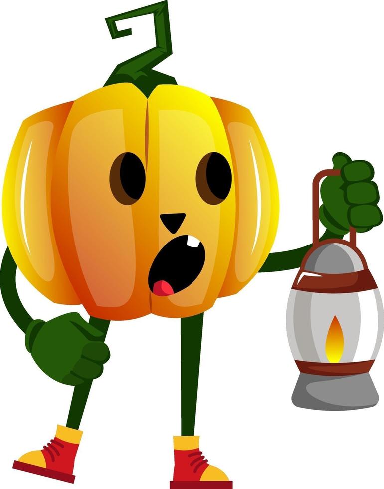 Calabaza con lámpara de aceite, ilustración, vector sobre fondo blanco.