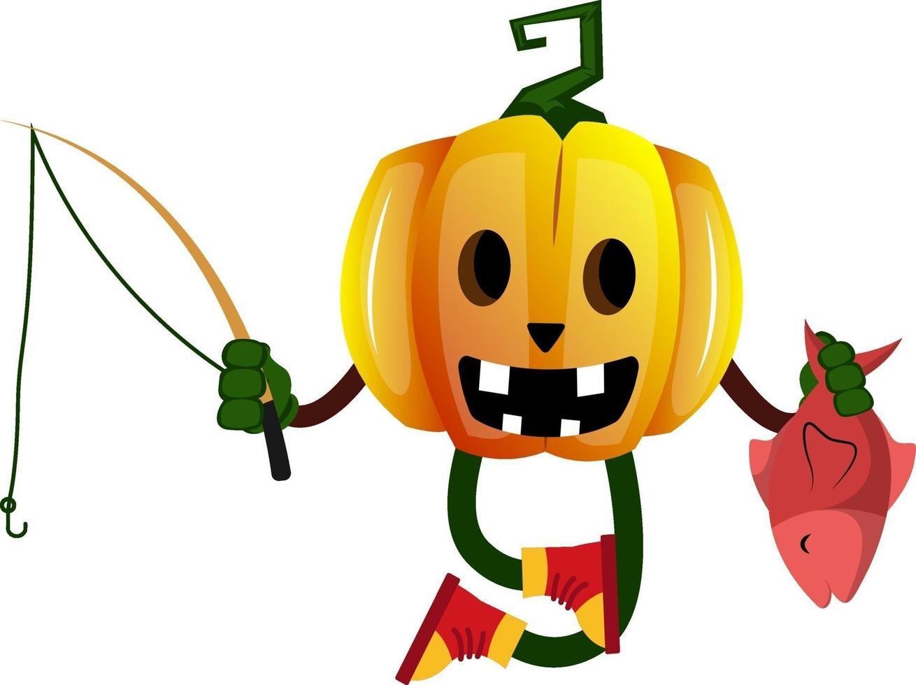 Pumpkin with fishing rod, illustration, vector on white background.