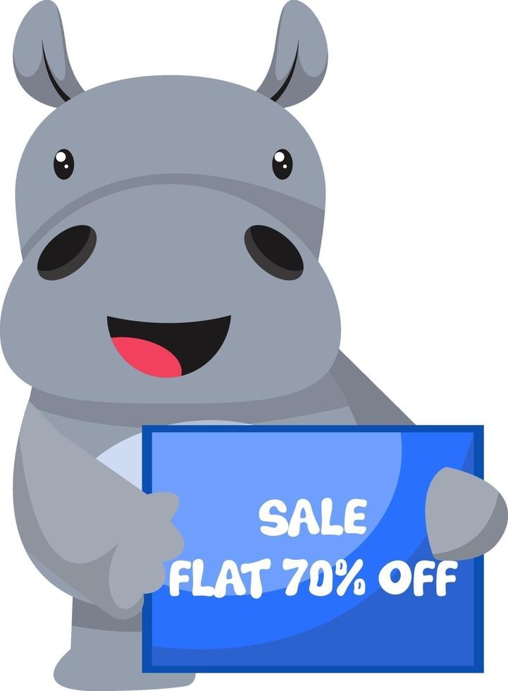 Hippo with sale sign, illustration, vector on white background.