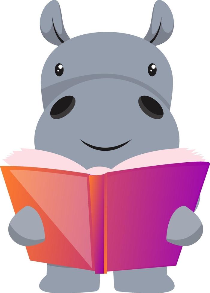 Hippo reading book, illustration, vector on white background.