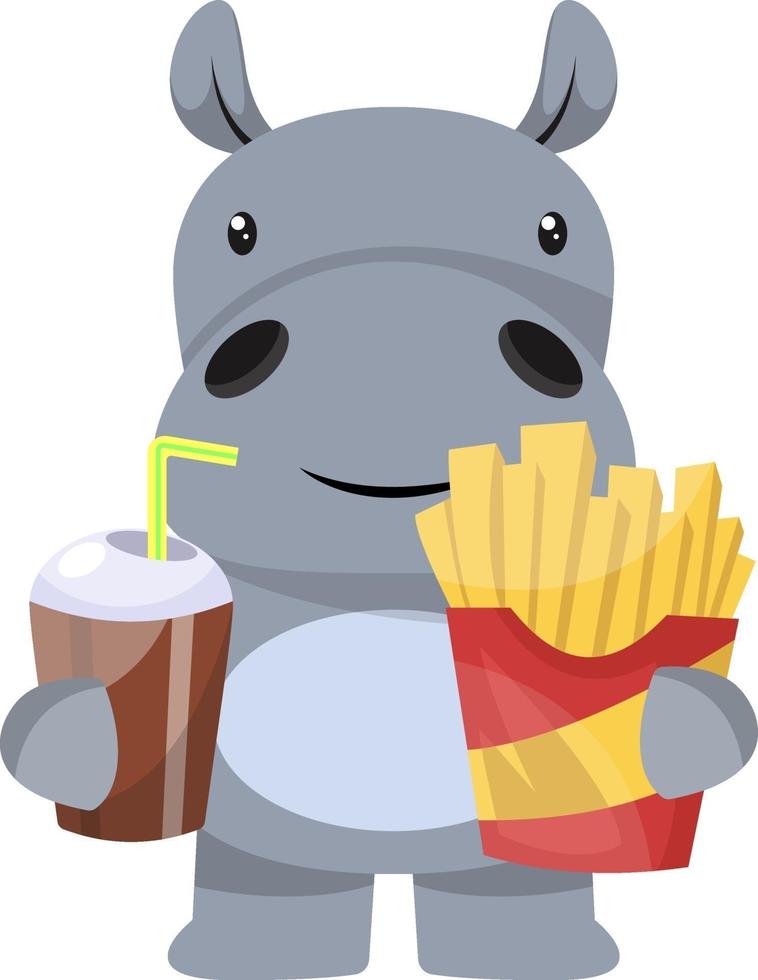 Hippo with french fries, illustration, vector on white background.