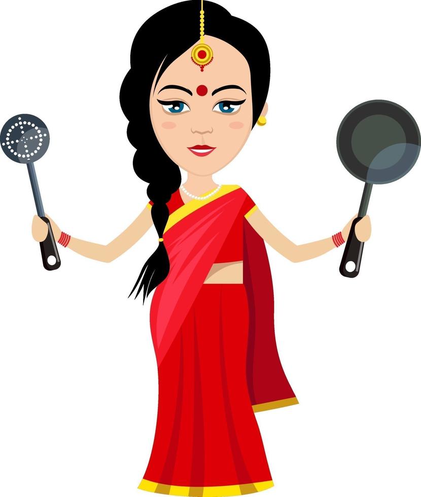 Indian woman with pan , illustration, vector on white background.