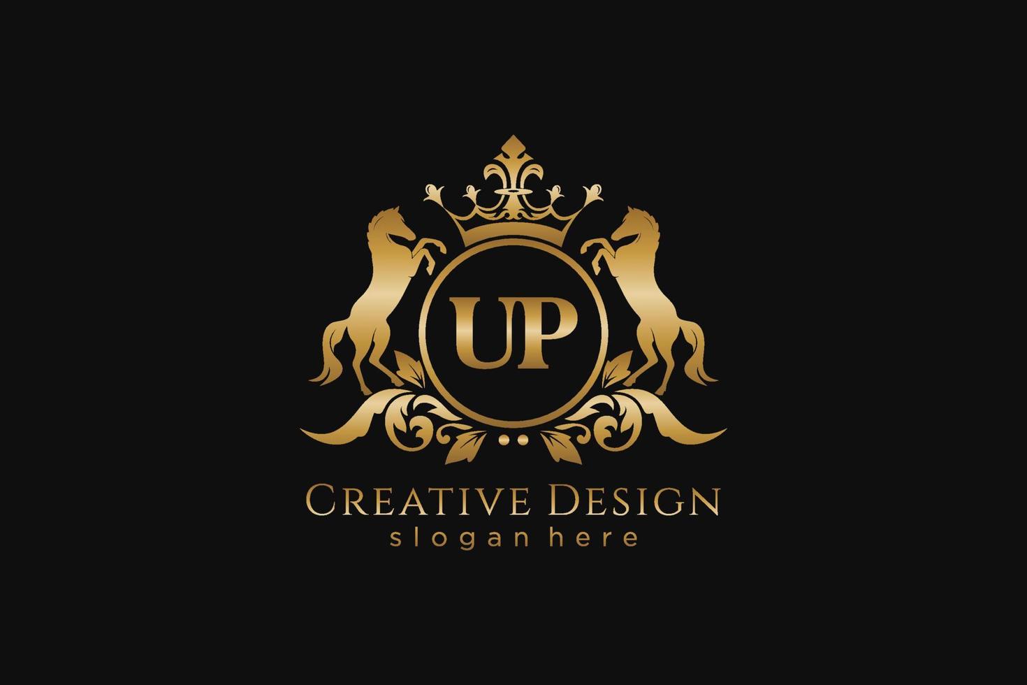 initial UP golden crest with circle and two horses, badge template with scrolls and royal crown - perfect for luxurious branding projects vector