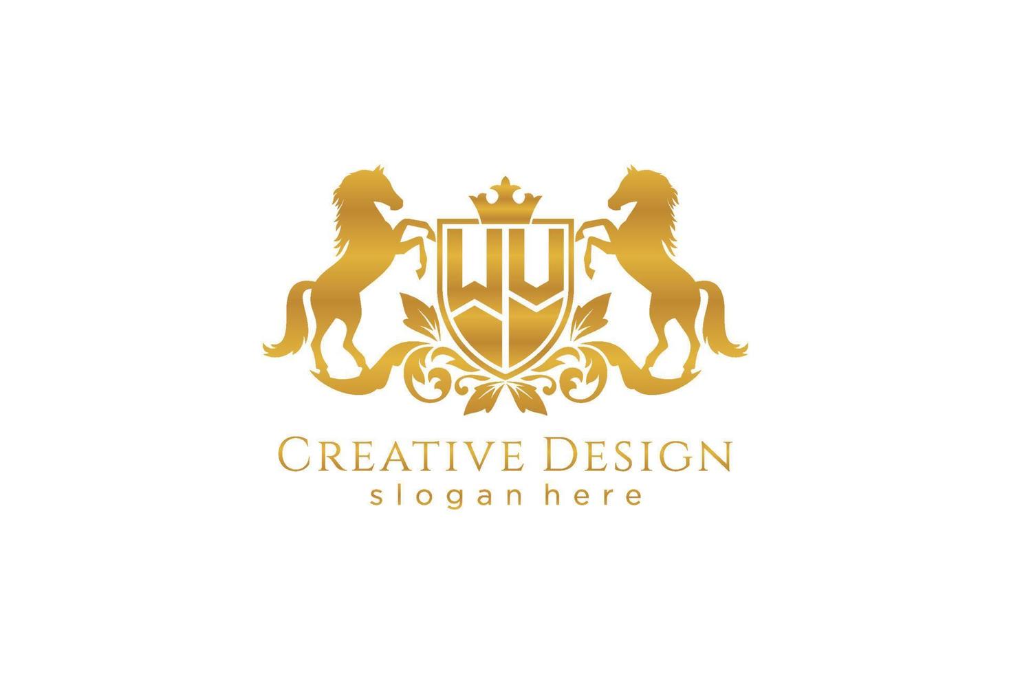 initial WV Retro golden crest with shield and two horses, badge template with scrolls and royal crown - perfect for luxurious branding projects vector