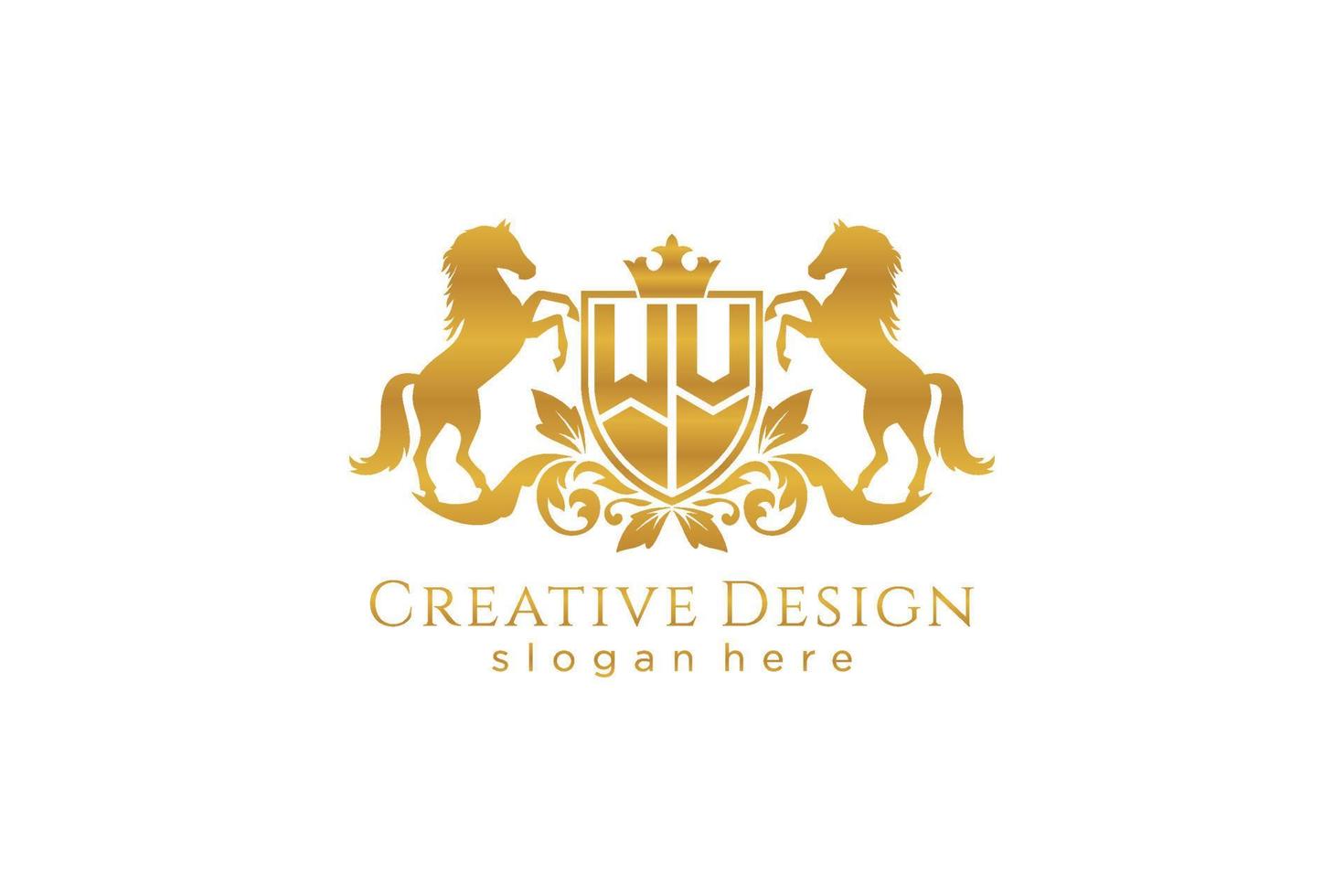 initial WV Retro golden crest with shield and two horses, badge template with scrolls and royal crown - perfect for luxurious branding projects vector