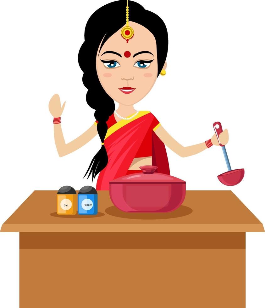 Indian woman cooking , illustration, vector on white background.