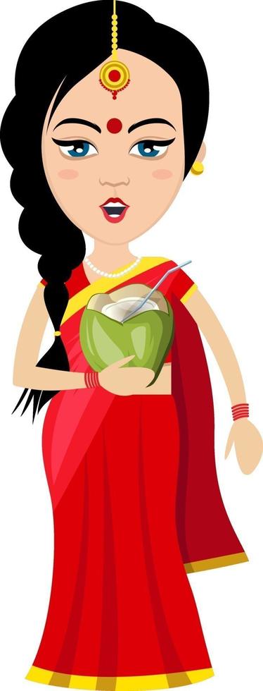 mujer india con cóctel, ilustración, vector sobre fondo blanco.