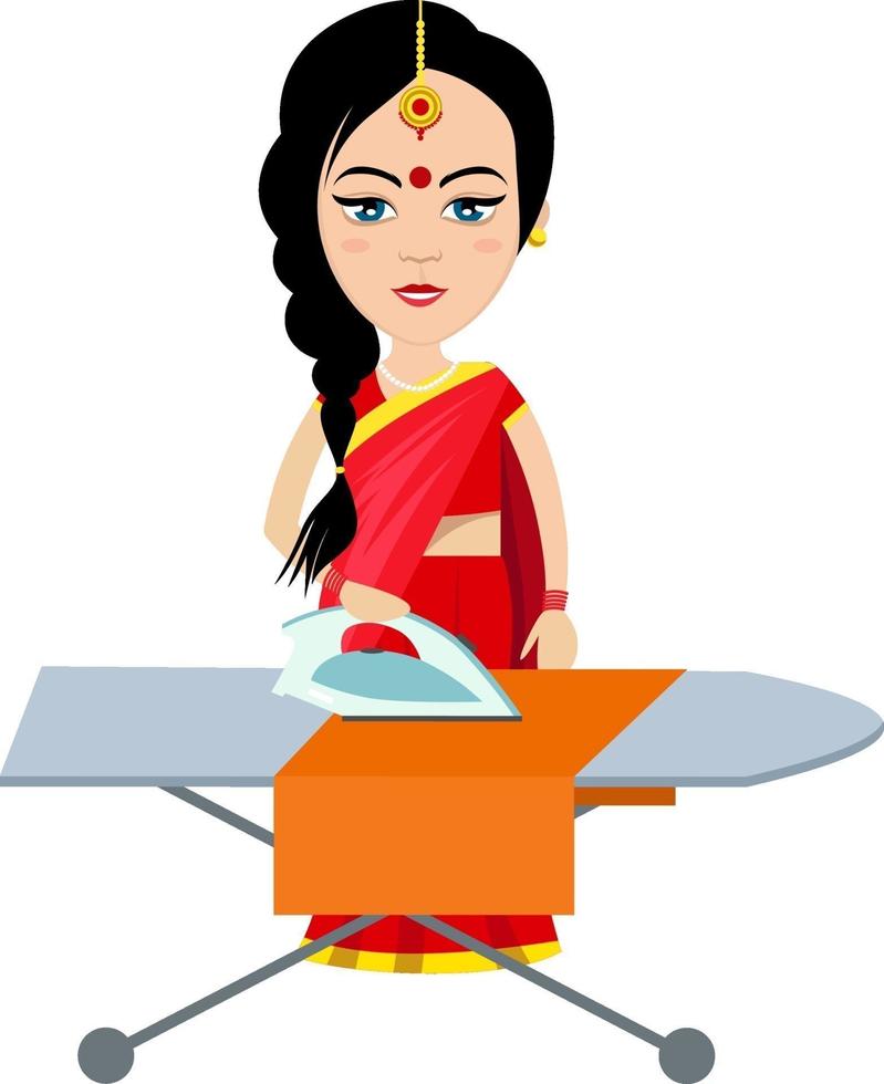 Indian woman ironing , illustration, vector on white background.