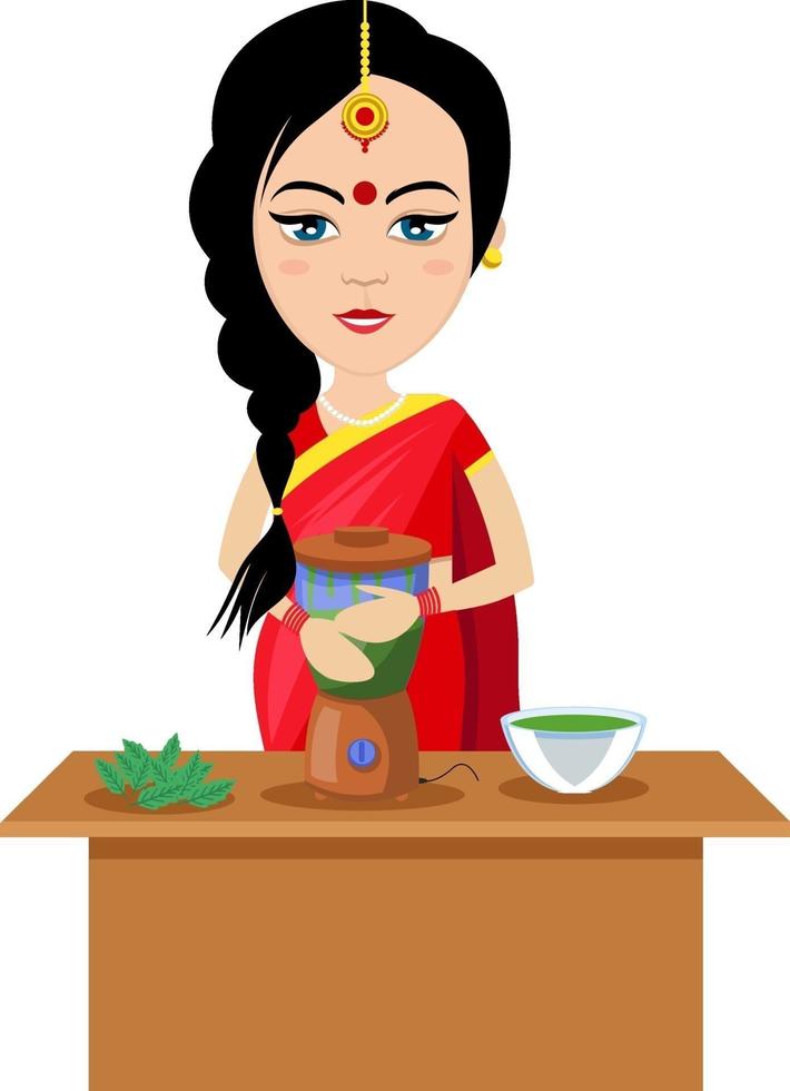 Indian woman making smoothie , illustration, vector on white background.