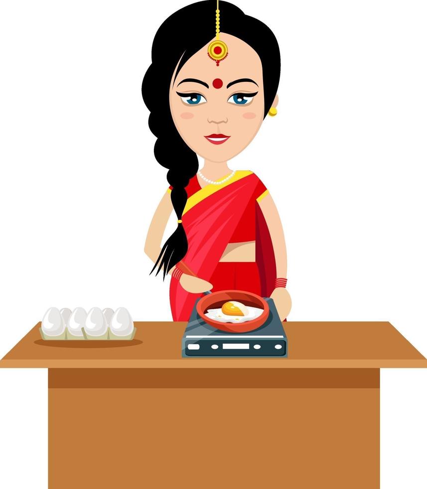Indian woman making eggs , illustration, vector on white background.