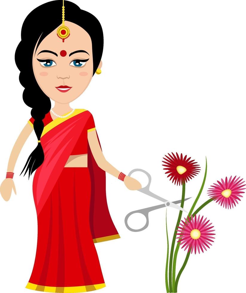 mujer india con flores, ilustración, vector sobre fondo blanco.