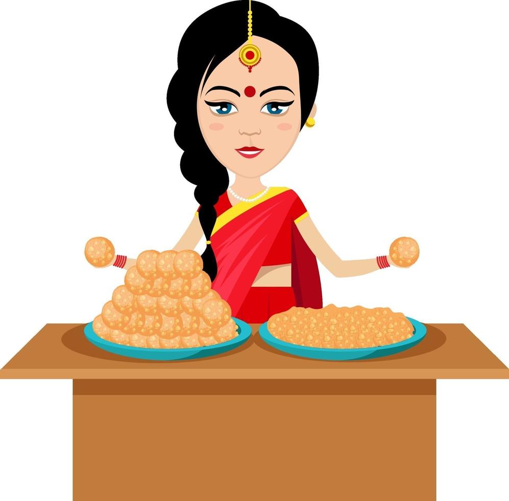 Indian woman with cookies , illustration, vector on white background.