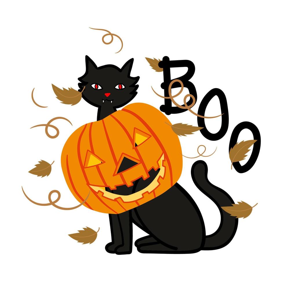 gato negro de halloween usa calabaza de halloween con manuscrita de boo. vector