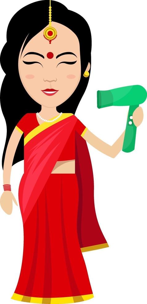 mujer india con secador de pelo, ilustración, vector sobre fondo blanco.