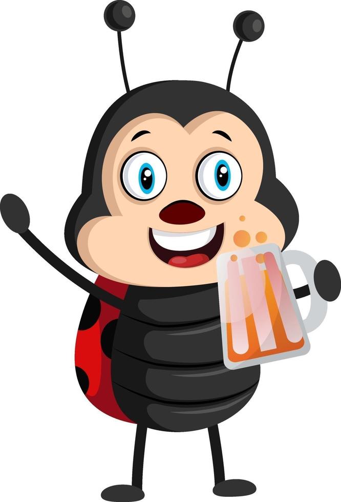 Lady bug with beer, illustration, vector on white background.
