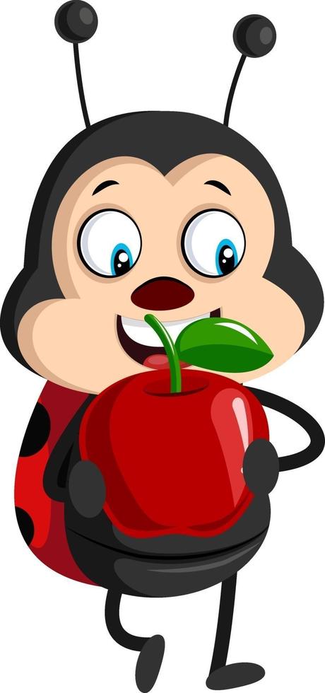 Lady bug with apple, illustration, vector on white background.