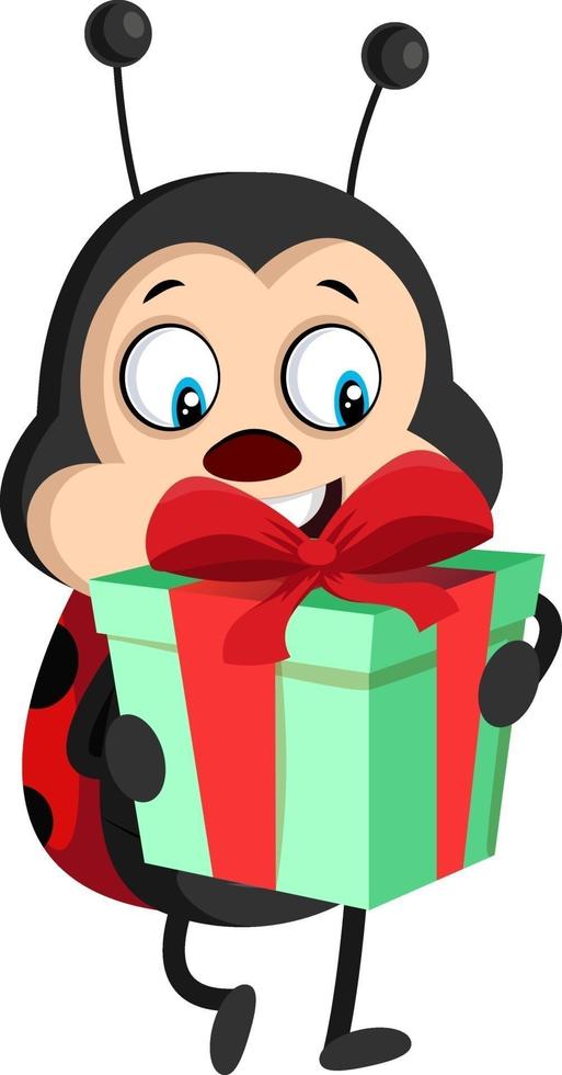 Lady bug with birthday present, illustration, vector on white background.