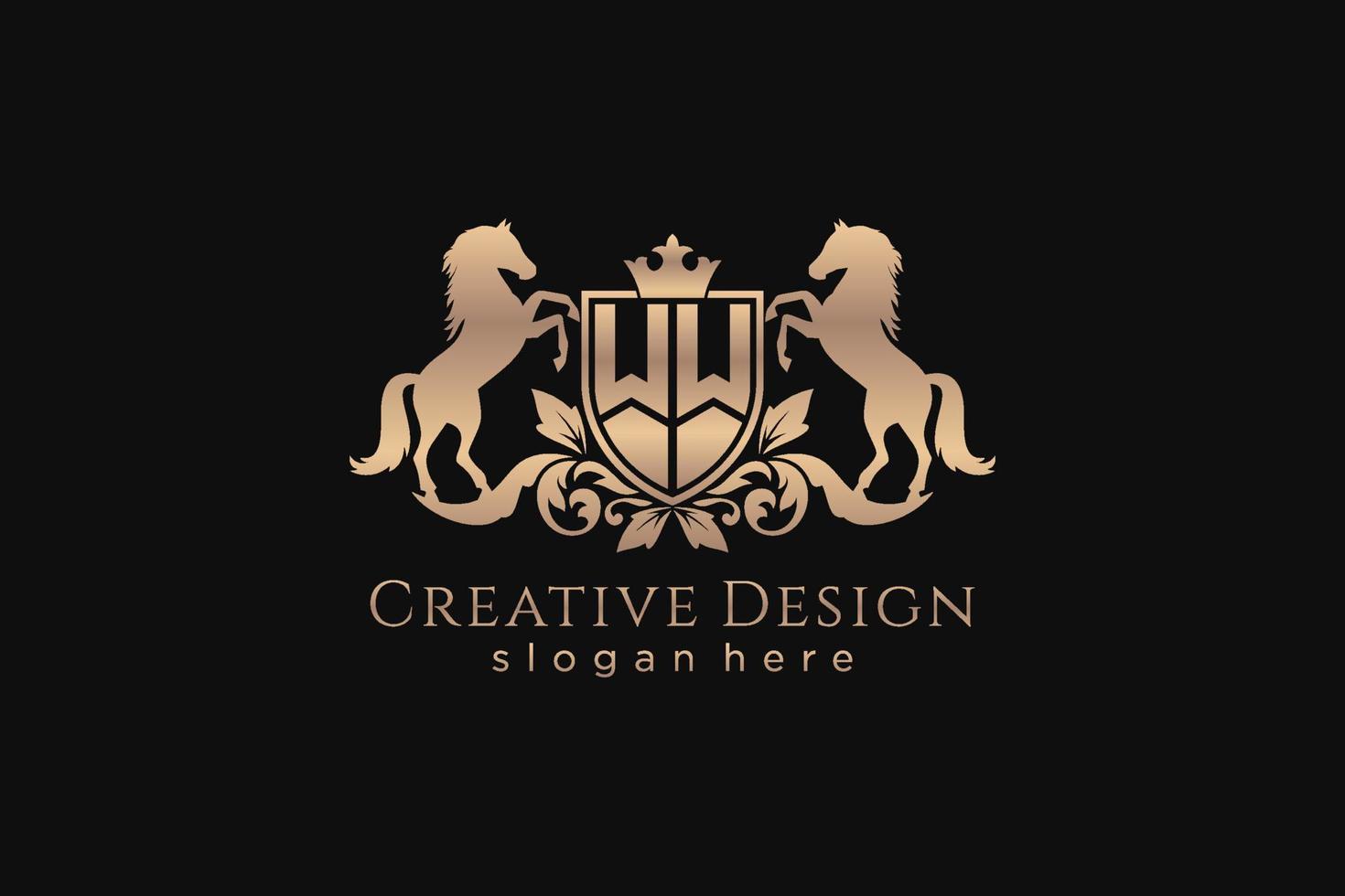initial WW Retro golden crest with shield and two horses, badge template with scrolls and royal crown - perfect for luxurious branding projects vector