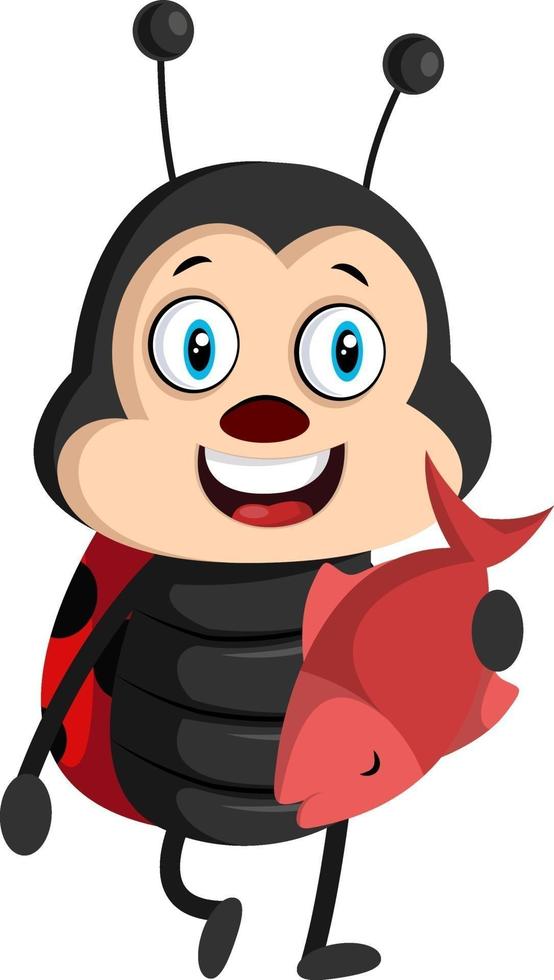 Lady bug con pescado rojo, ilustración, vector sobre fondo blanco.
