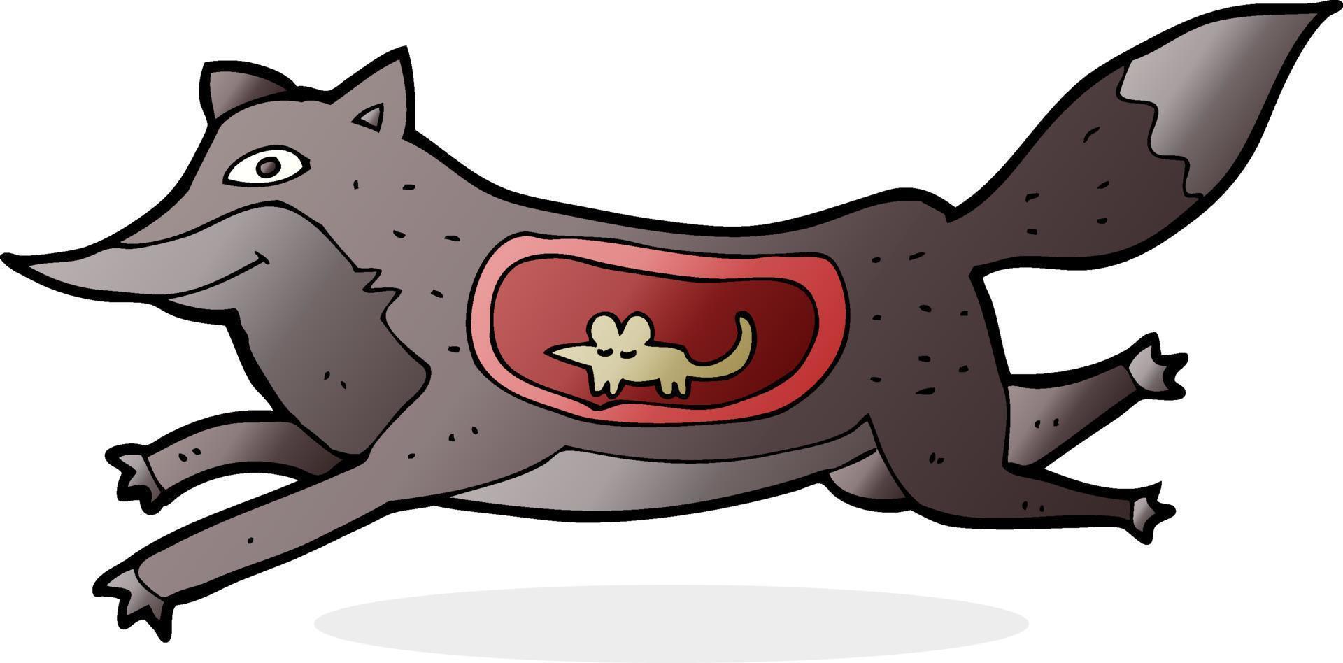 lobo de dibujos animados con ratón en el vientre vector