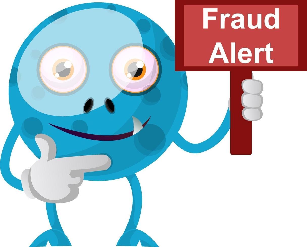 Blue monster with fraud alert sign, illustration, vector on white background.