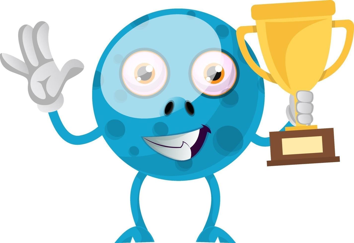 Blue monster with trophy, illustration, vector on white background.