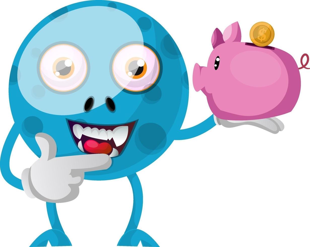 Blue monster with piggy bank, illustration, vector on white background.