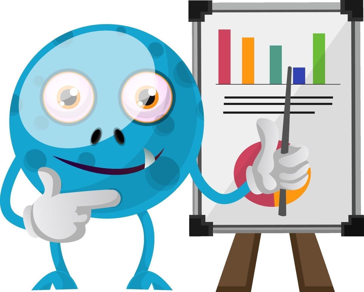 Blue monster with analytics table, illustration, vector on white background.