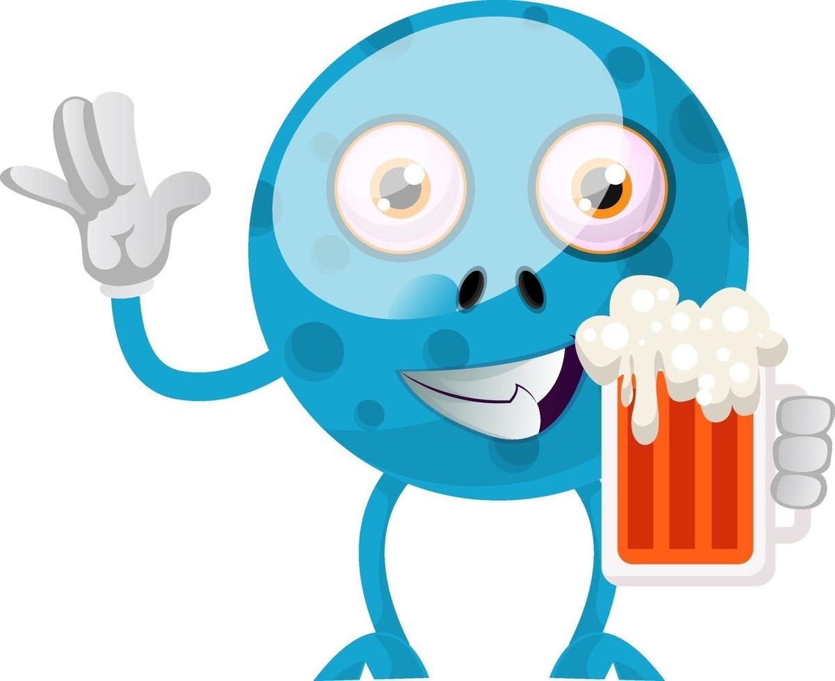 Monstruo azul con cerveza, ilustración, vector sobre fondo blanco.