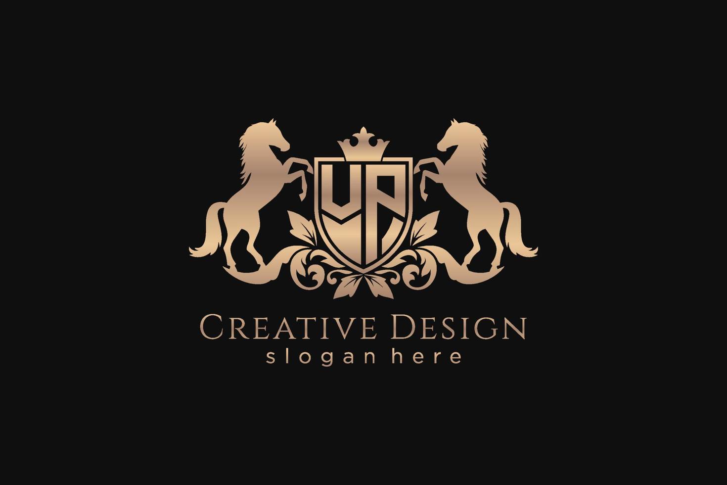 initial VP Retro golden crest with shield and two horses, badge template with scrolls and royal crown - perfect for luxurious branding projects vector