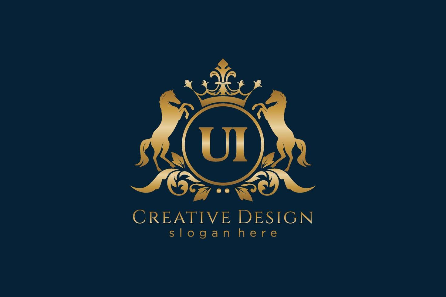 initial UI Retro golden crest with circle and two horses, badge template with scrolls and royal crown - perfect for luxurious branding projects vector