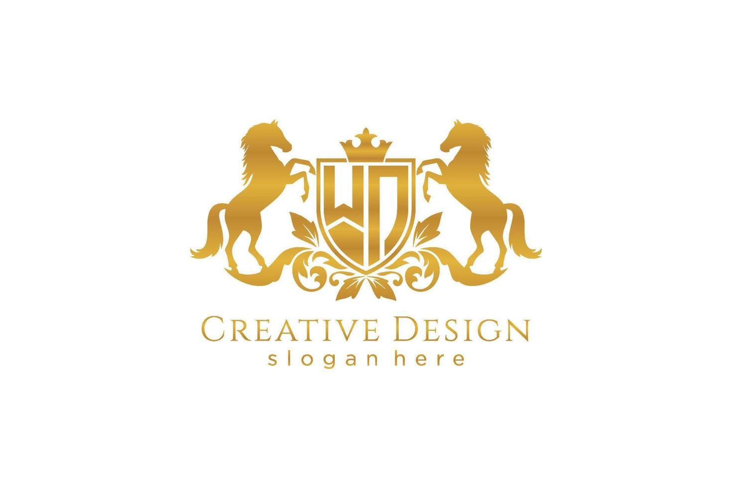 initial WN Retro golden crest with shield and two horses, badge template with scrolls and royal crown - perfect for luxurious branding projects vector