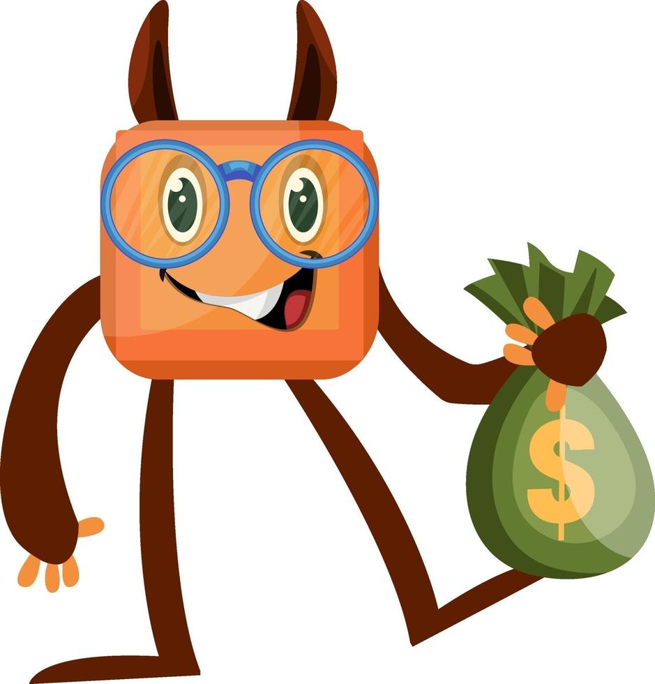 Monster with bag of money, illustration, vector on white background.