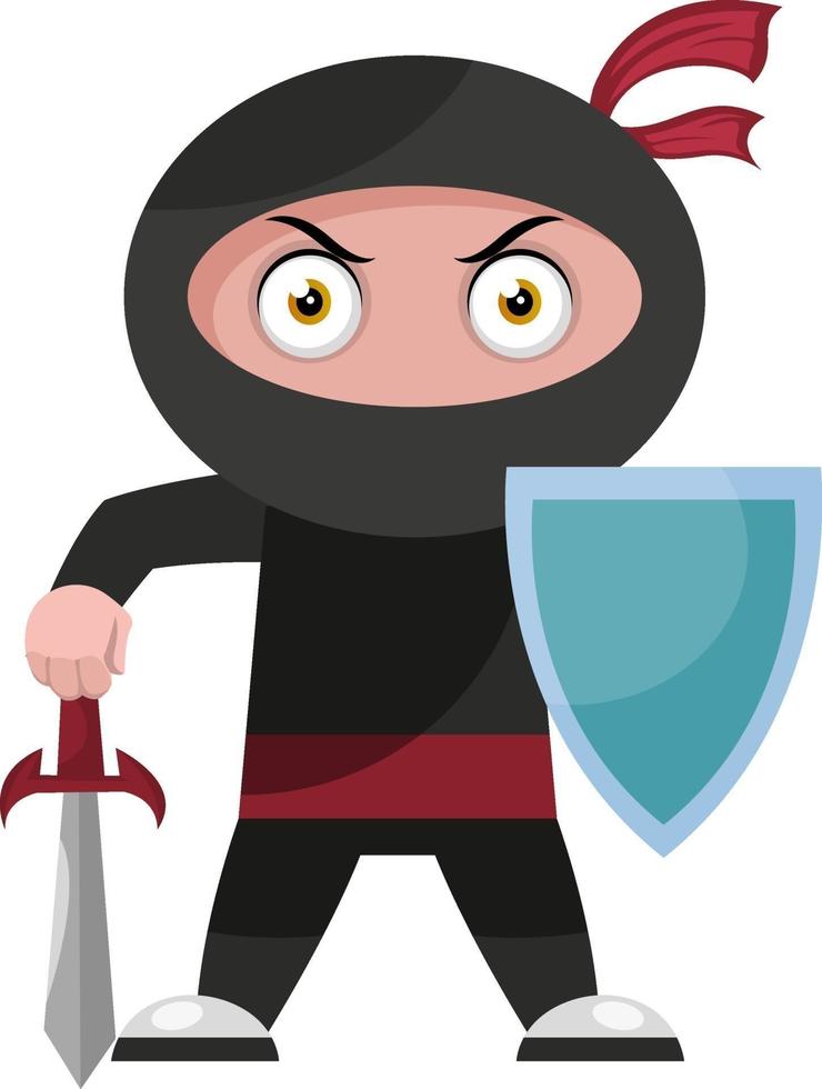 Ninja con escudo, ilustración, vector sobre fondo blanco.