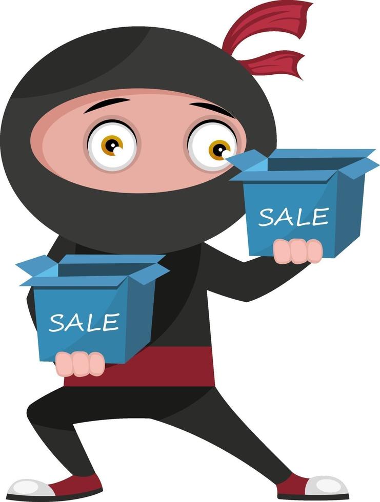 Ninja con cajas de venta, ilustración, vector sobre fondo blanco.