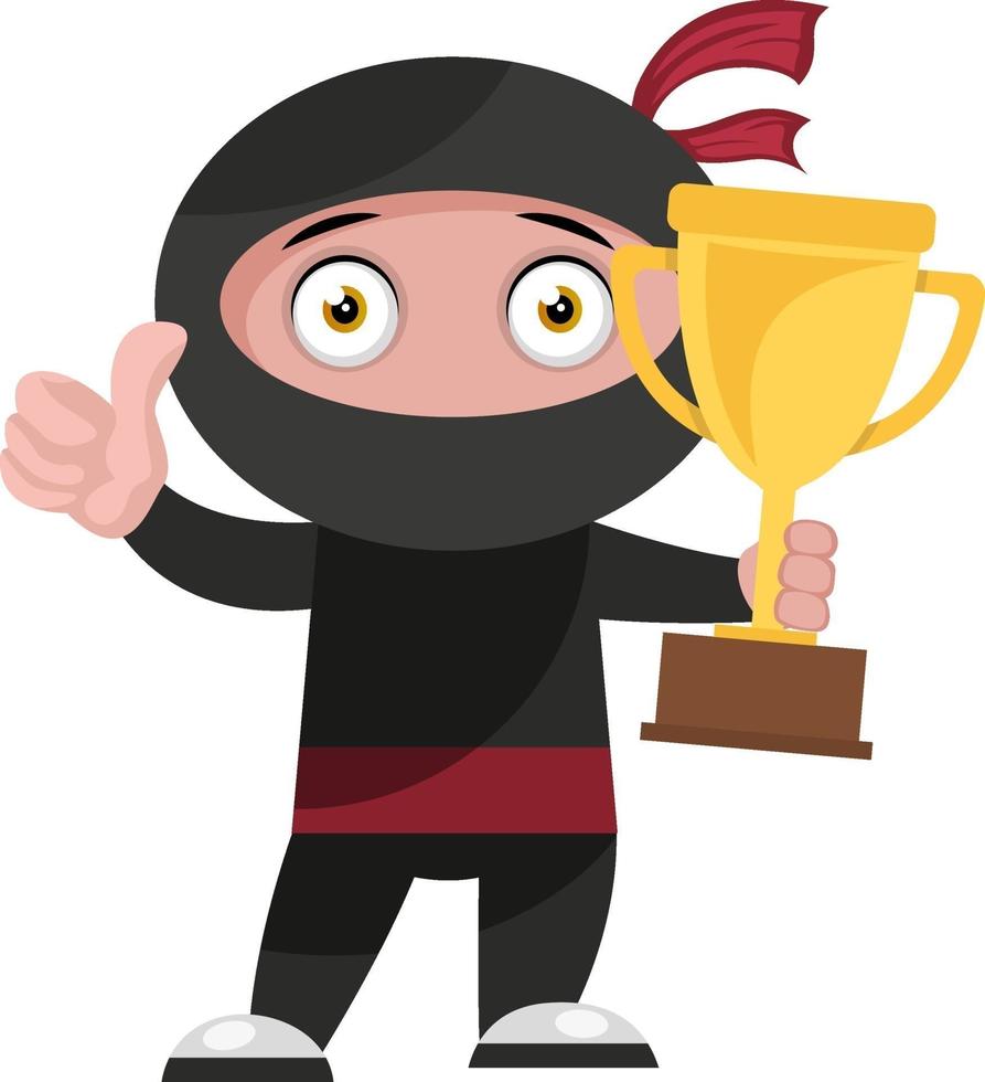 Ninja con trofeo, ilustración, vector sobre fondo blanco.