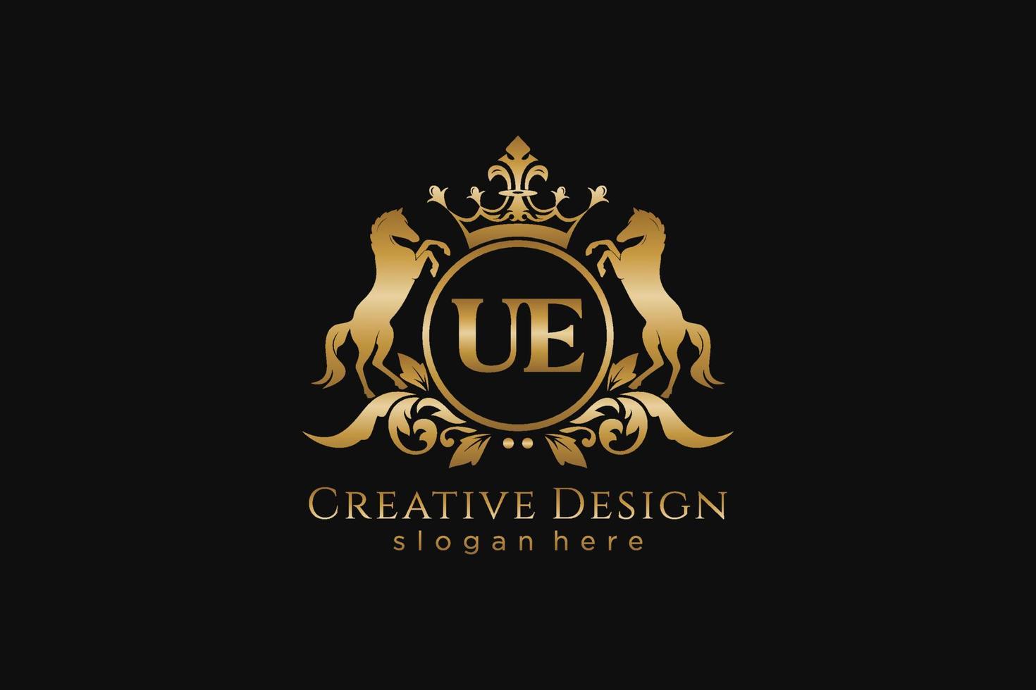 initial UE Retro golden crest with circle and two horses, badge template with scrolls and royal crown - perfect for luxurious branding projects vector