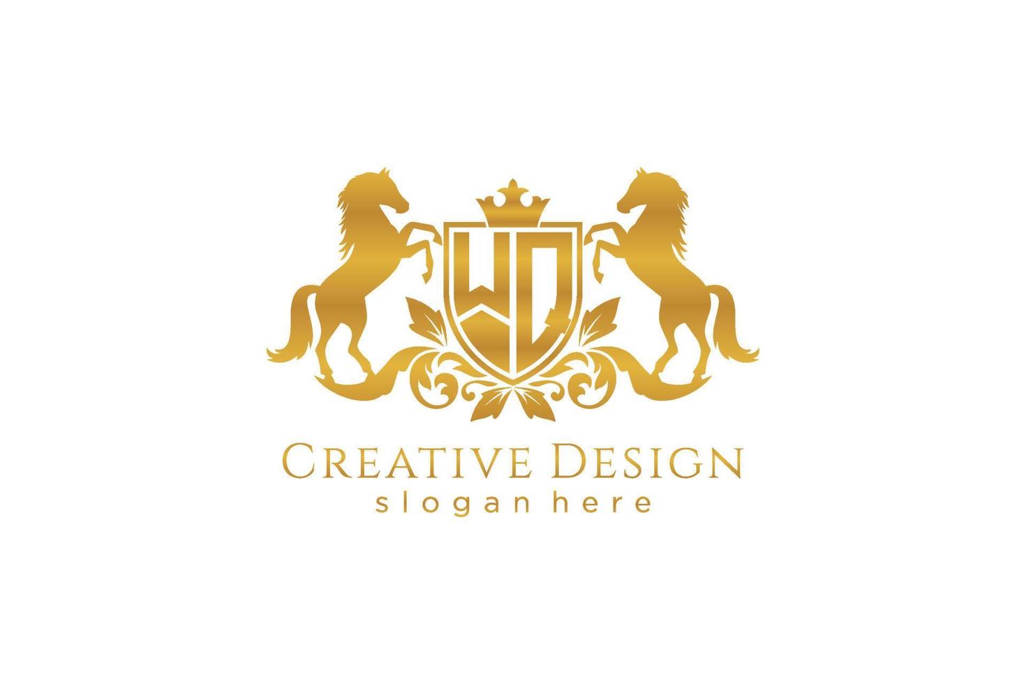 initial WQ Retro golden crest with shield and two horses, badge template with scrolls and royal crown - perfect for luxurious branding projects vector