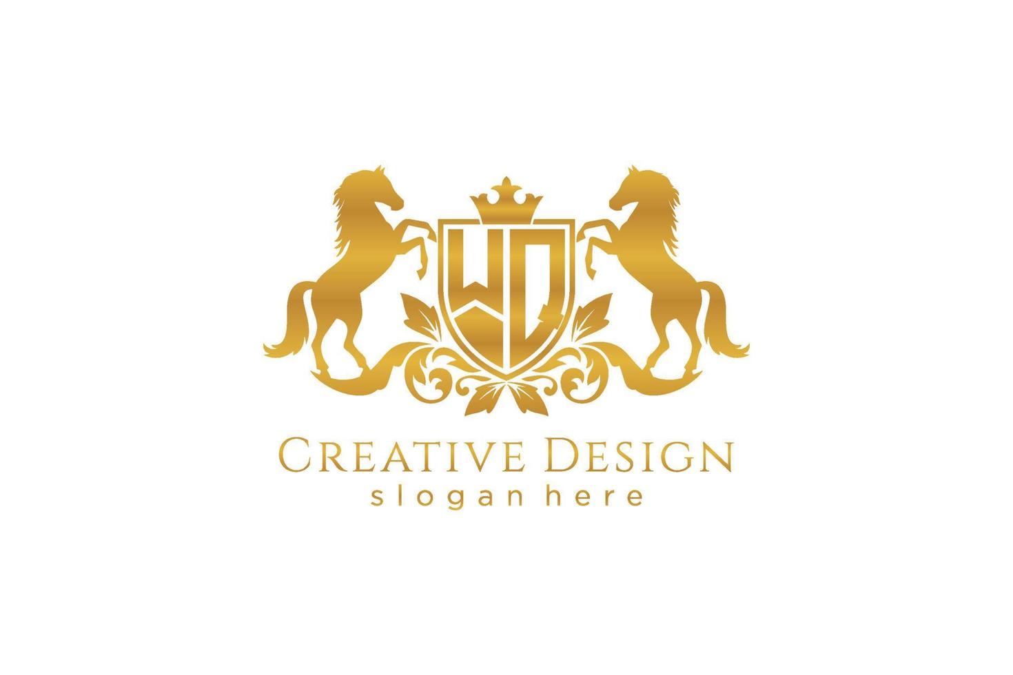 initial WQ Retro golden crest with shield and two horses, badge template with scrolls and royal crown - perfect for luxurious branding projects vector