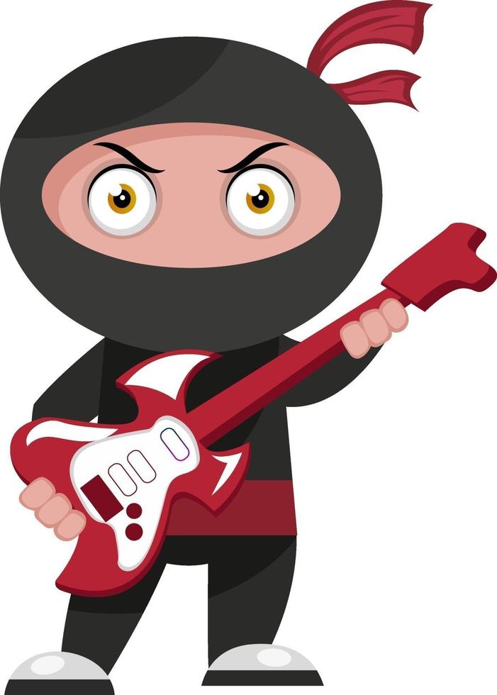 Ninja con guitarra, ilustración, vector sobre fondo blanco.